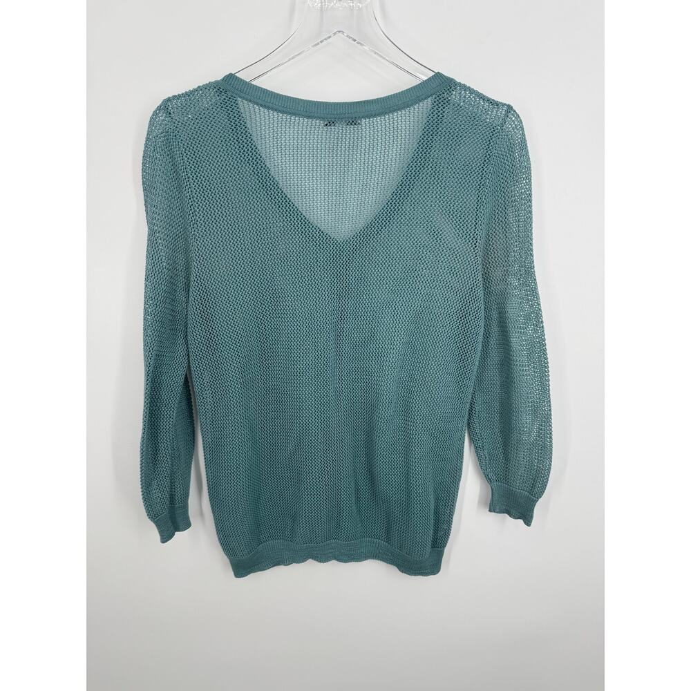 Peruvian Connection cardigan pima cotton M open knit mesh V neck button teal - Picture 3 of 7